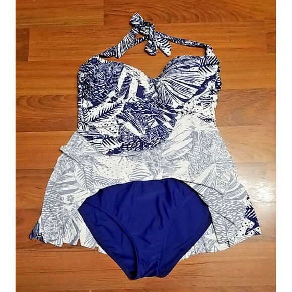 Rose Marie Reid One Piece Swimsuit w Skirt XXL Halter Top Blue White Rouched T36 - Picture 2 of 9